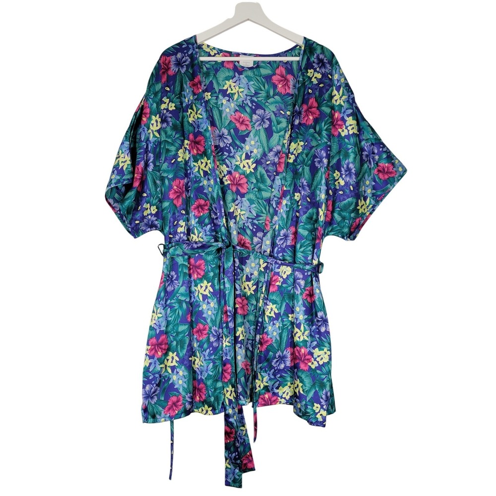 Cabernet Sleepwear Robe Womens Large Green‎ Purple Floral Tropical Satin Short